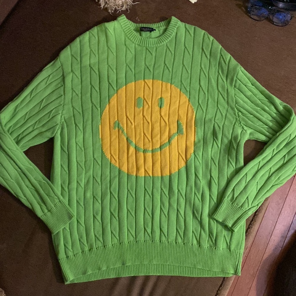 JOSHUA SANDERS + SMILEY FACE OVERSIZED UNISEX CABLE KNIT LIME GREEN SWEATER